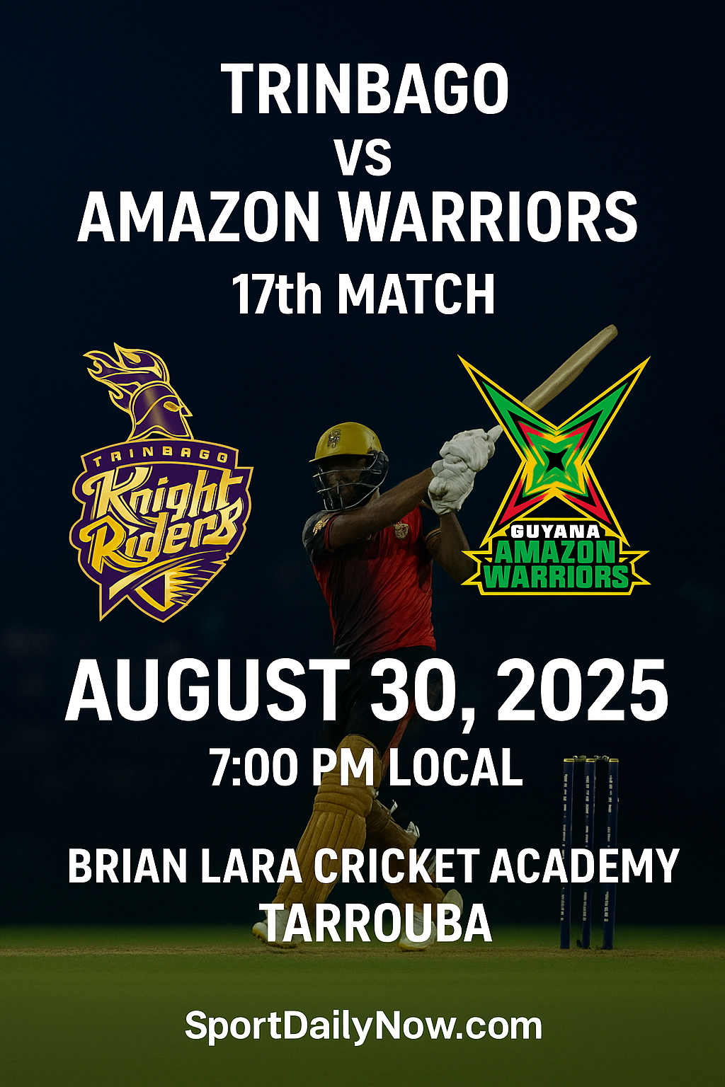 Trinbago Knight Riders versus Guyana Amazon Warriors cricket action at Brian Lara Stadium Tarouba during CPL 2025 tournament