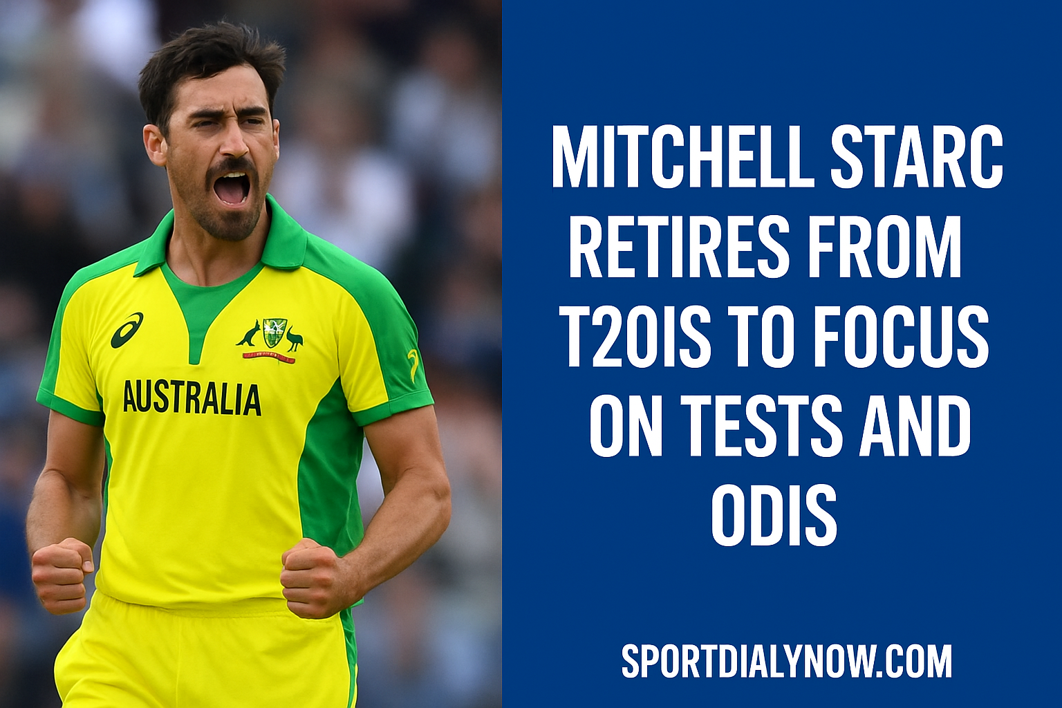 Mitchell Starc celebrates after taking a wicket in an international cricket match