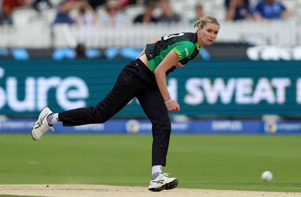 Lauren Bell celebrates after taking a wicket in The Hundred 2025, where she finished as the leading wicket-taker.