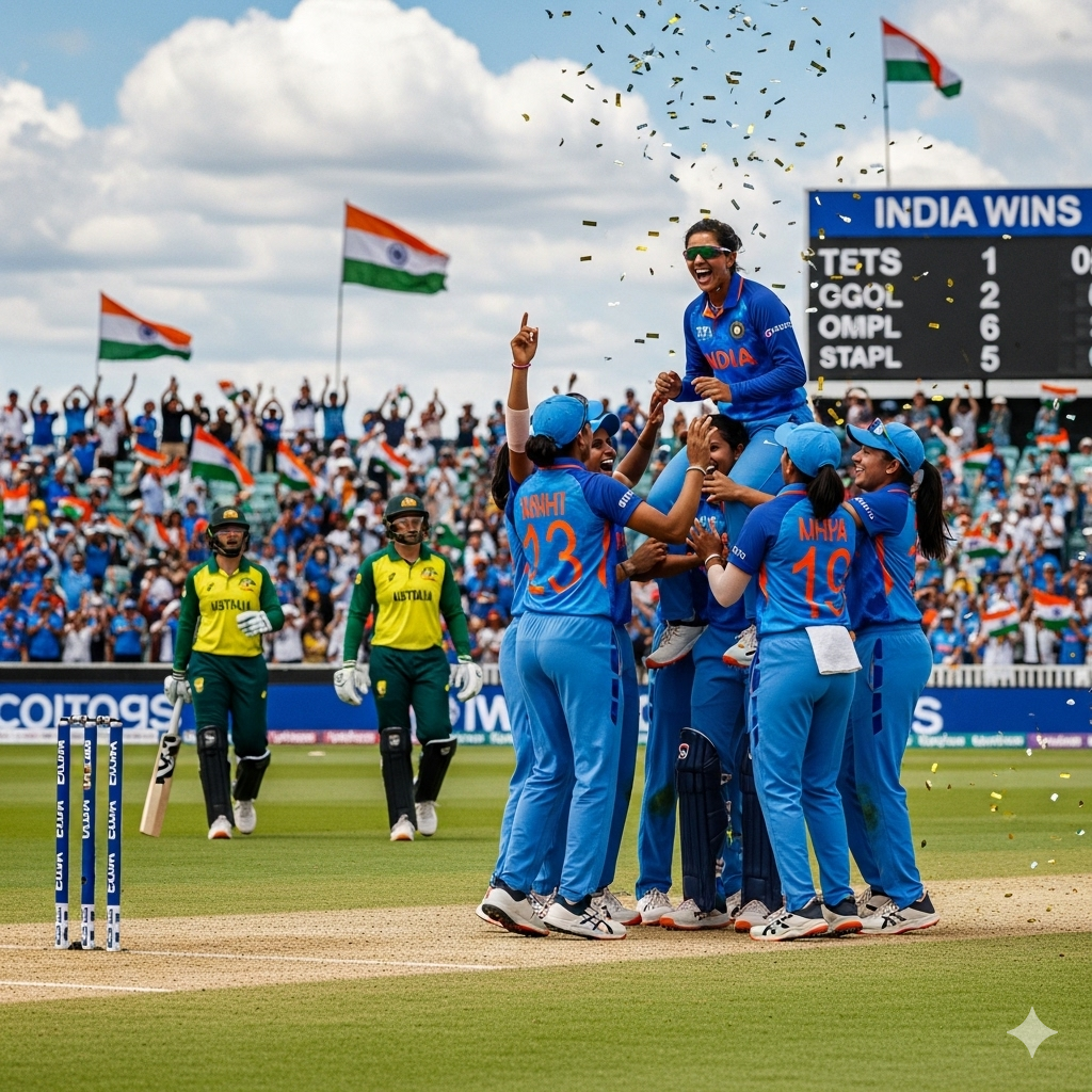 Smriti Mandhana celebrating century during IND Women vs AUS Women 2nd ODI 2025 at New Chandigarh Stadium