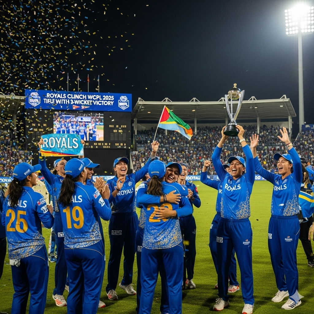 Royals players celebrate winning the WCPL 2025 final with a 3-wicket victory