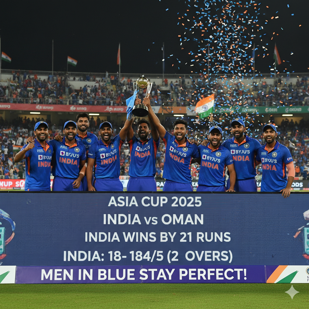 India cricket team celebrates victory against Oman in Asia Cup 2025 Group A match at Sheikh Zayed Stadium Abu Dhabi
