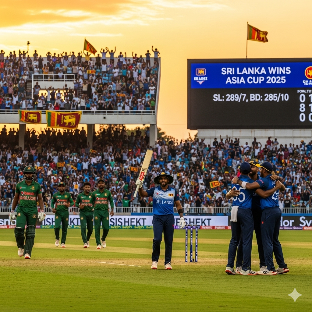 Sri Lanka players celebrate victory after beating Bangladesh by 6 wickets in Asia Cup 2025 group match