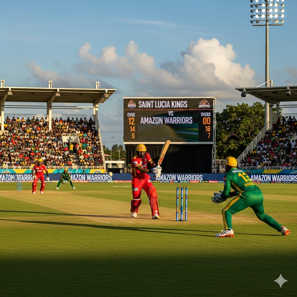 Guyana Amazon Warriors celebrate after defeating Saint Lucia Kings by 2 wickets in CPL 2025 match.