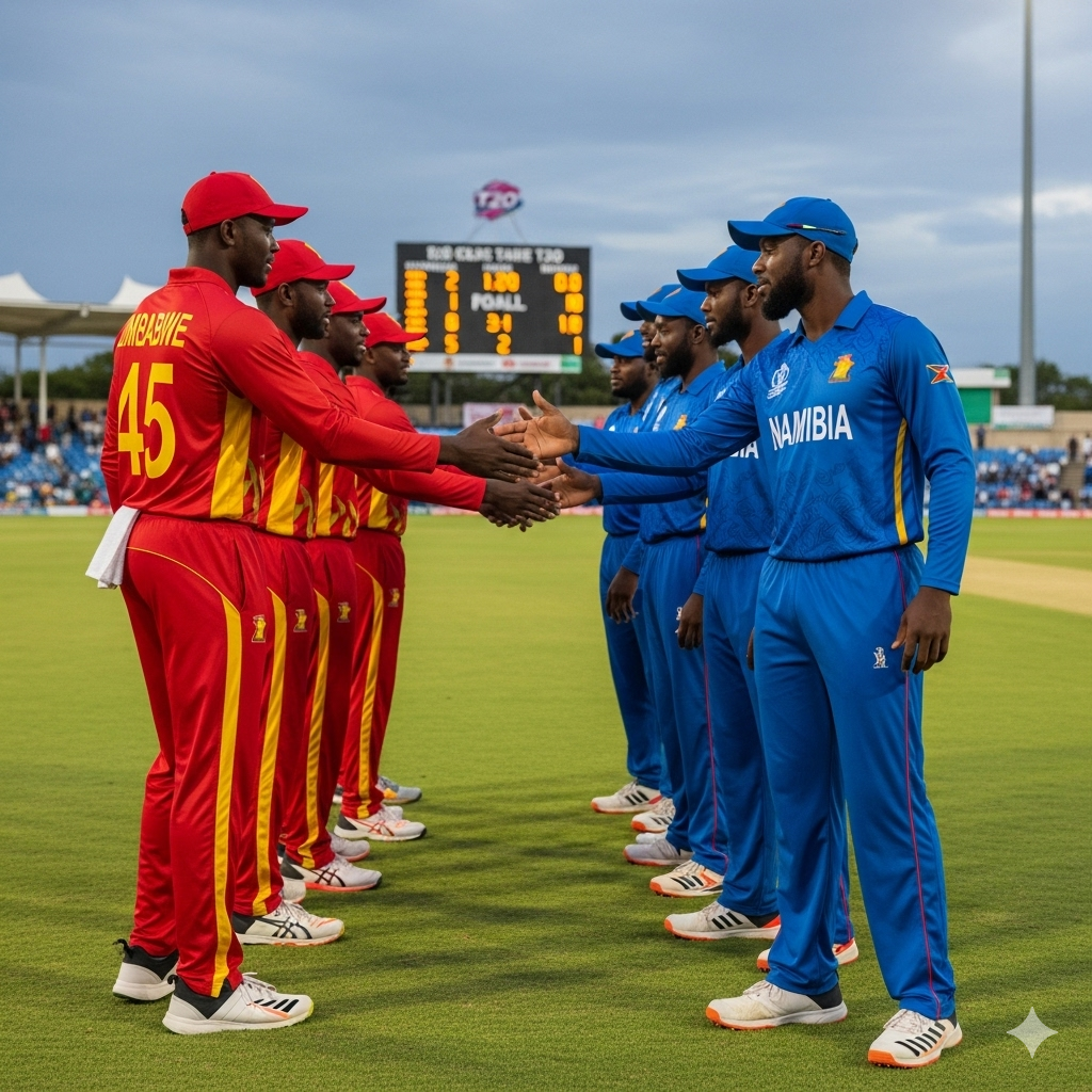 Zimbabwe cricket team celebrating 33-run victory over Namibia in 1st T20I at Queens Sports Club Bulawayo September 2025